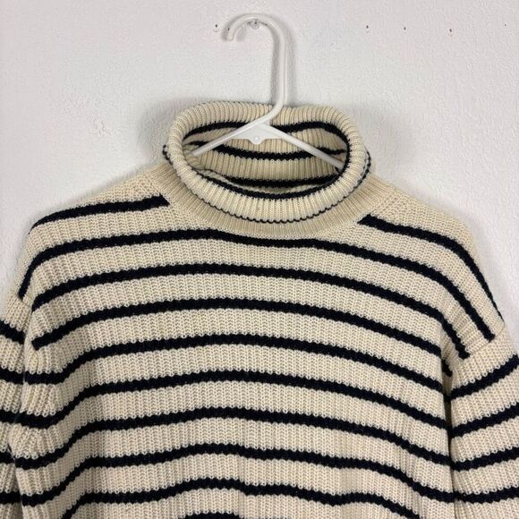 J. Crew Wool Cream & Navy Blue Striped Turtleneck Pullover Sweater Size M - Picture 2 of 11